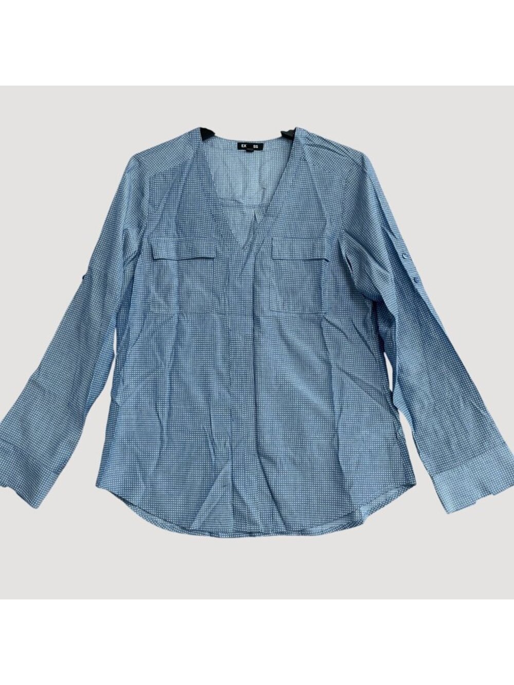 Express Women's Size M Blue Polka Dot Long Sleeve Button Roll Tab Blouse P0325